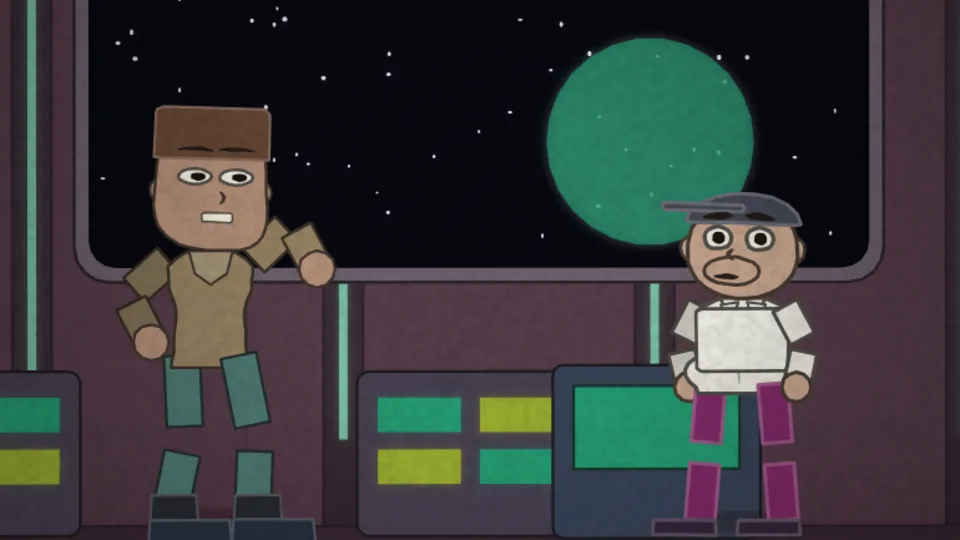 The same two crew members and the same planet again, drawn in the Cutout Paper style: flat layered shapes with hard edges and hard drop shadows.