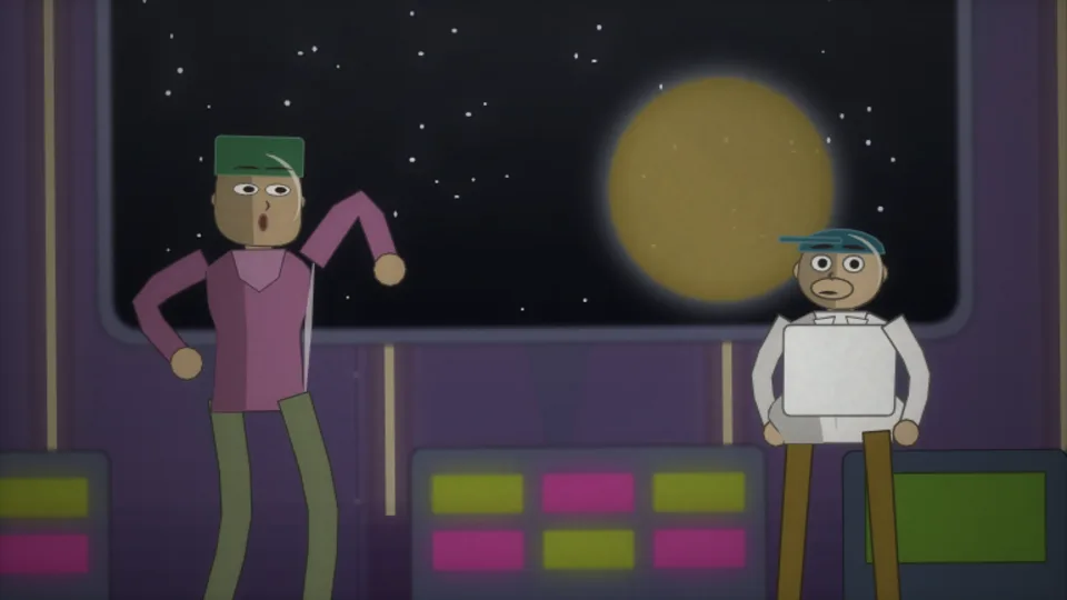 The same two crew members and the same planet, drawn in the Neon Drift style: a cool dark bridge with the planet and the console panels glowing.