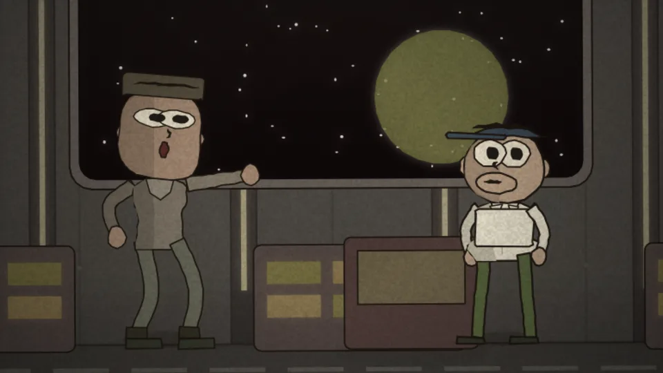 Two crew members arguing on a cargo hauler bridge, a planet through the window behind them, drawn in the Rubber Hose style: rubbery limbs, big cartoon eyes, warm muted colour.